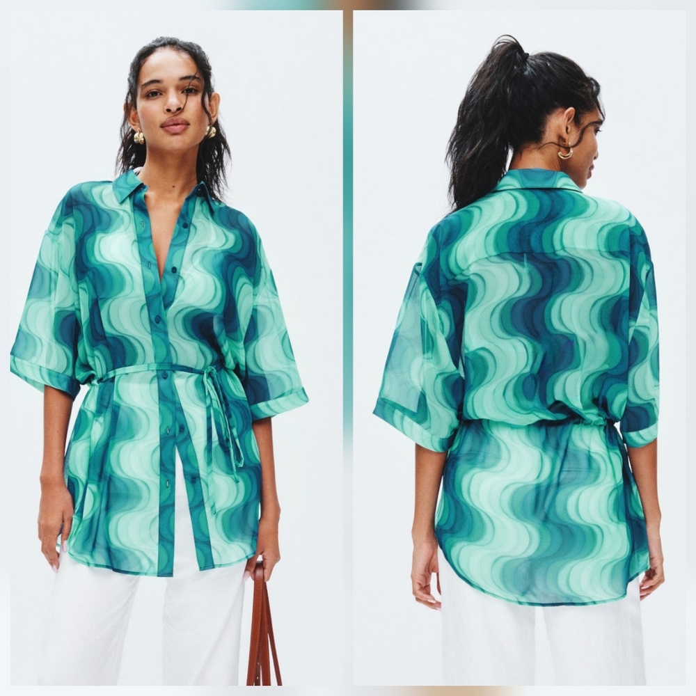 Devon Windsor Gala Cover-Up Shirt Collared neck 3/4 Sleeve Top Size S